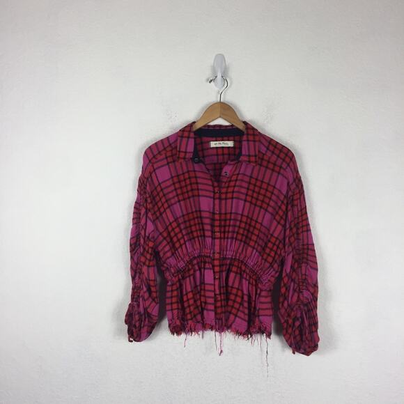 Free People Pacific Dawn Red Pink Drawstring Plaid Shirt Medium - Picture 3 of 14